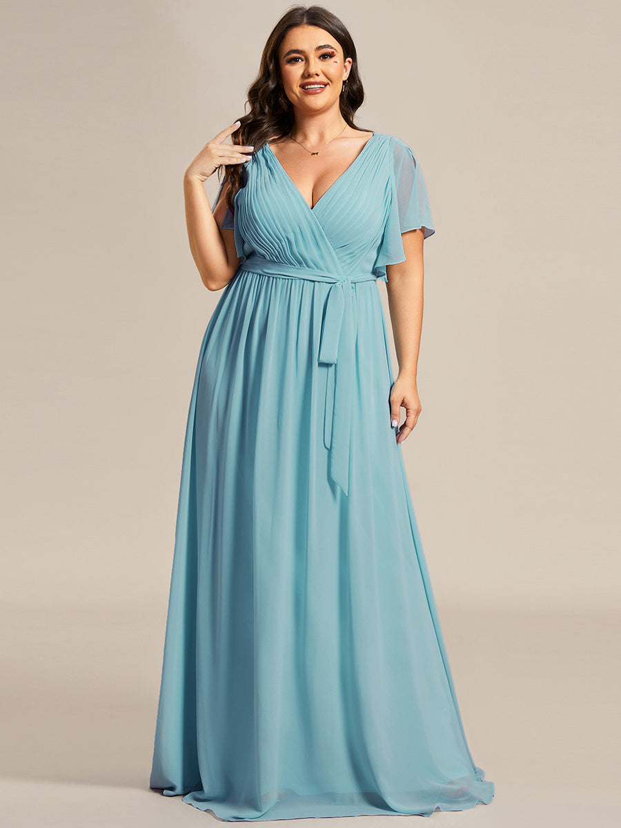 V-Ausschnitt kurze Ärmel Bodenlaenge A-Linie Chiffon Abendkleider #Farbe_Hellpetrol