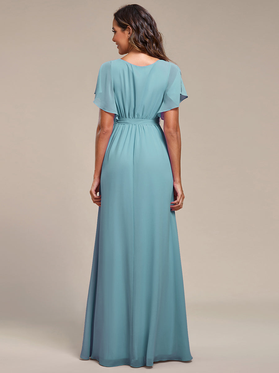 V-Ausschnitt kurze Ärmel Bodenlaenge A-Linie Chiffon Abendkleider #Farbe_Hellpetrol
