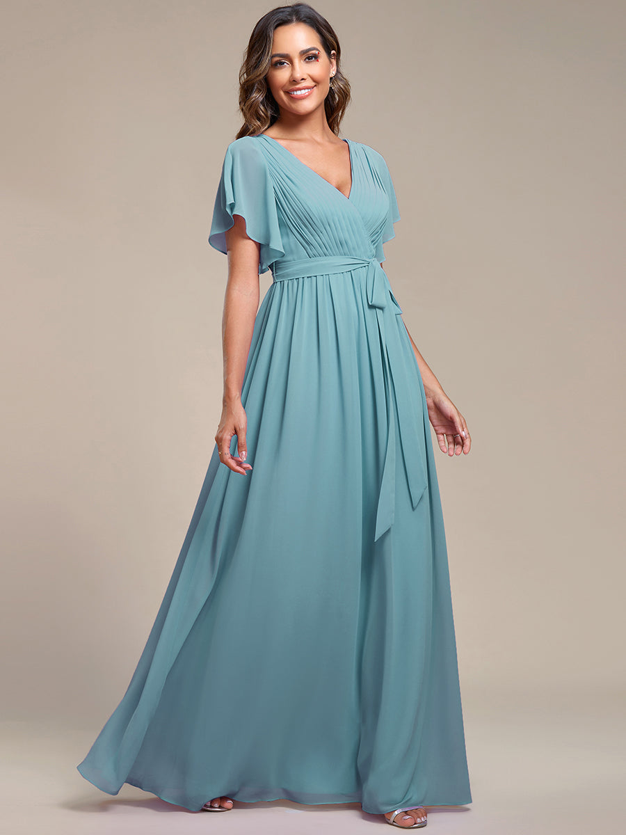 V-Ausschnitt kurze Ärmel Bodenlaenge A-Linie Chiffon Abendkleider #Farbe_Hellpetrol