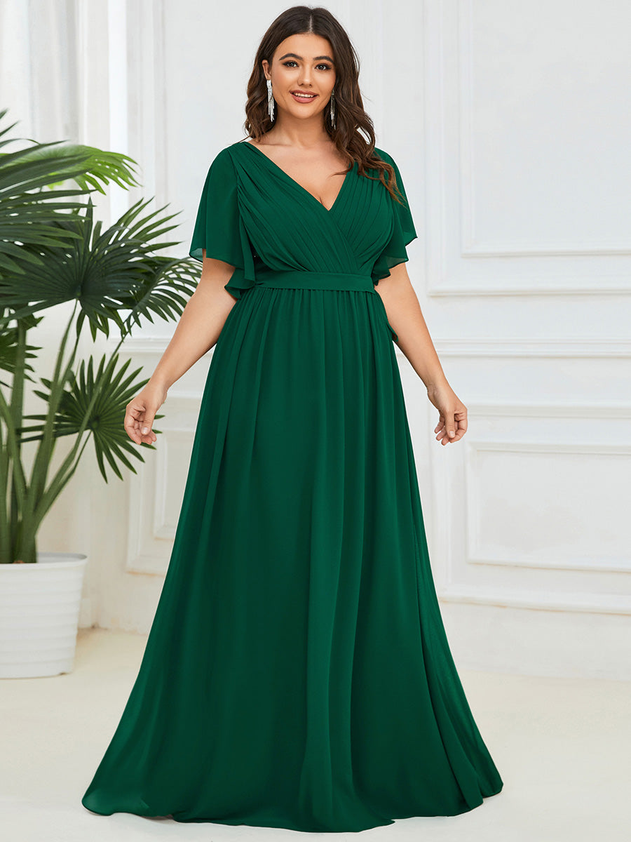 V-Ausschnitt kurze Ärmel Bodenlaenge A-Linie Chiffon Abendkleider #Farbe_Dunkelgrün