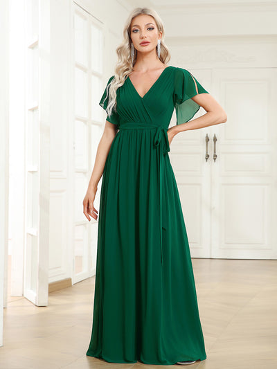 V-Ausschnitt kurze Ärmel Bodenlaenge A-Linie Chiffon Abendkleider #Farbe_Dunkelgrün