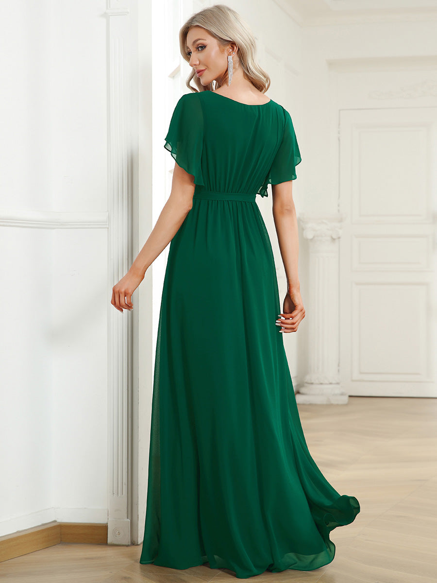 V-Ausschnitt kurze Ärmel Bodenlaenge A-Linie Chiffon Abendkleider #Farbe_Dunkelgrün