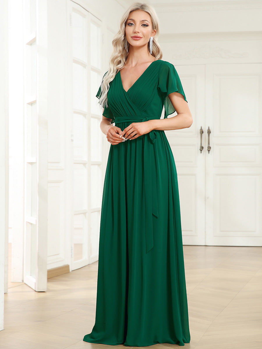 V-Ausschnitt kurze Ärmel Bodenlaenge A-Linie Chiffon Abendkleider #Farbe_Dunkelgrün