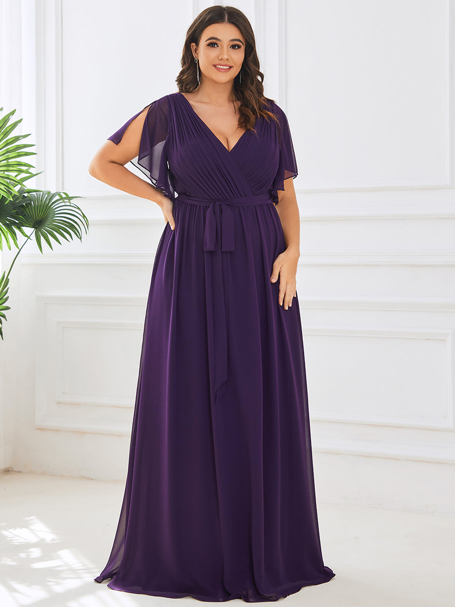 V-Ausschnitt kurze Ärmel Bodenlaenge A-Linie Chiffon Abendkleider #Farbe_Dunkelviolett
