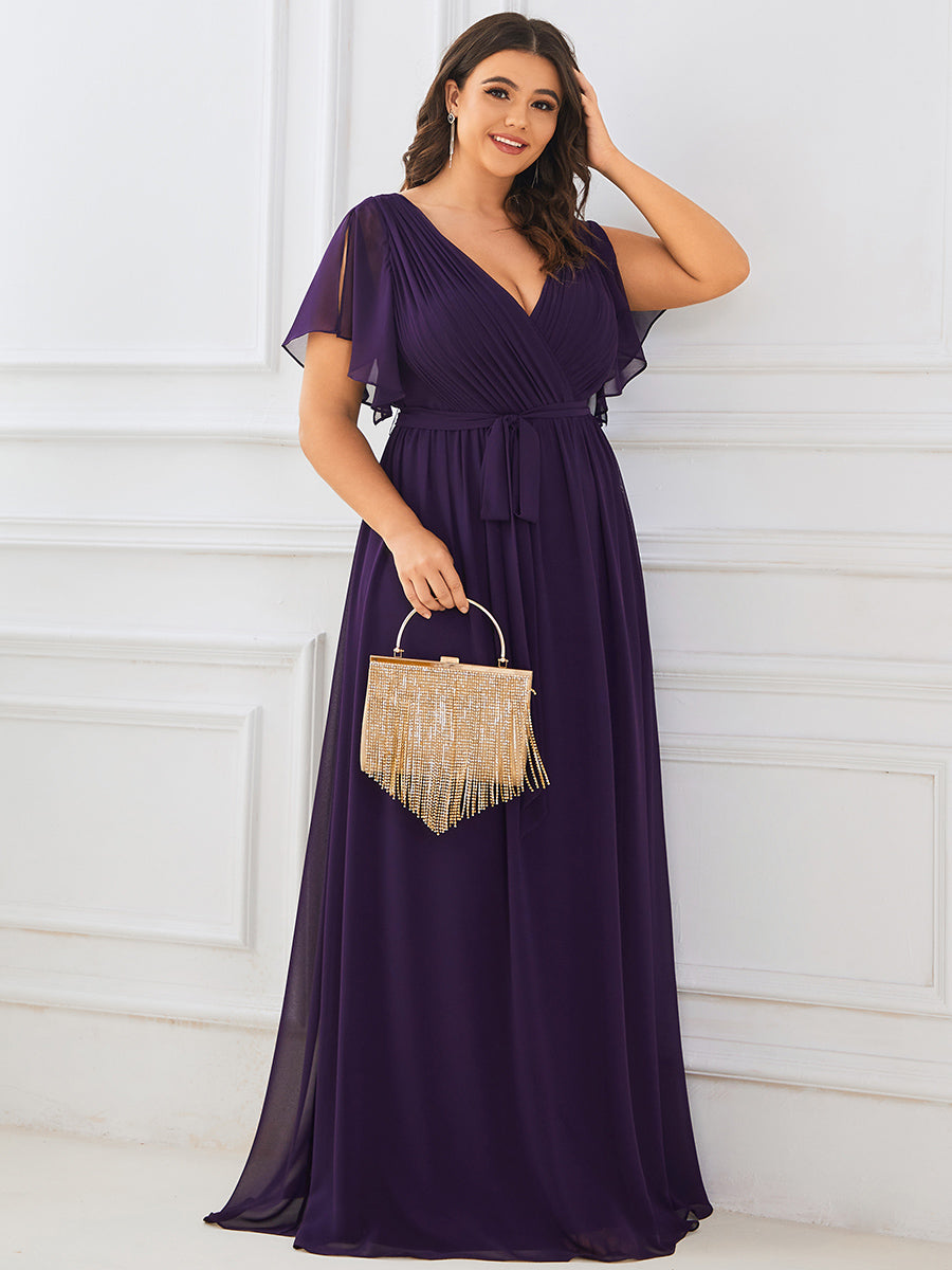 V-Ausschnitt kurze Ärmel Bodenlaenge A-Linie Chiffon Abendkleider #Farbe_Dunkelviolett