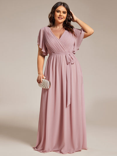 V-Ausschnitt kurze Ärmel Bodenlaenge A-Linie Chiffon Abendkleider #Farbe_Altrosa