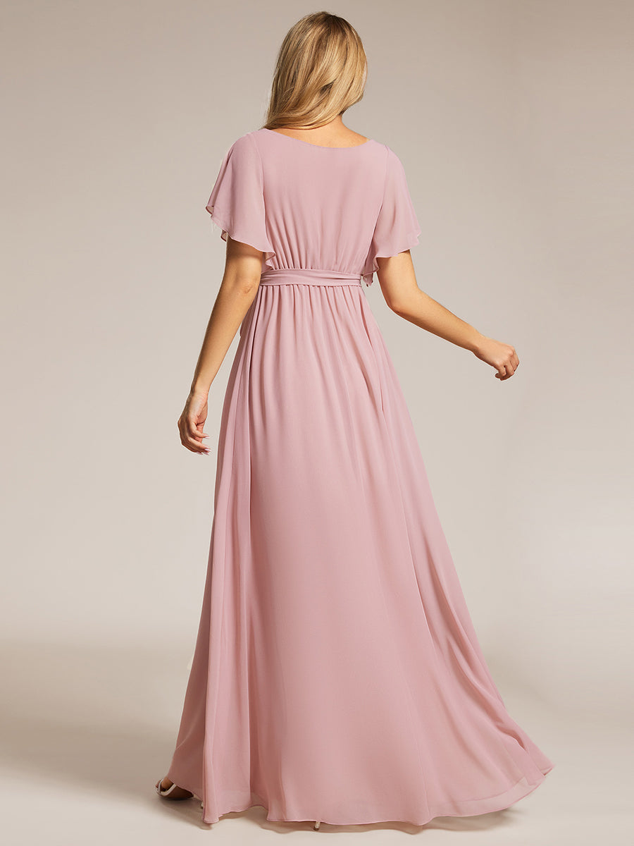 V-Ausschnitt kurze Ärmel Bodenlaenge A-Linie Chiffon Abendkleider #Farbe_Altrosa