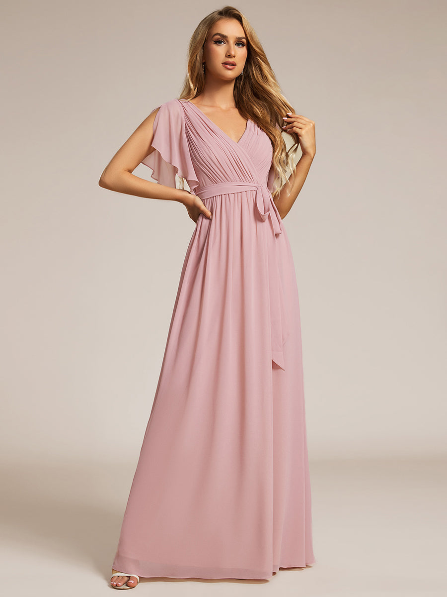 V-Ausschnitt kurze Ärmel Bodenlaenge A-Linie Chiffon Abendkleider #Farbe_Altrosa