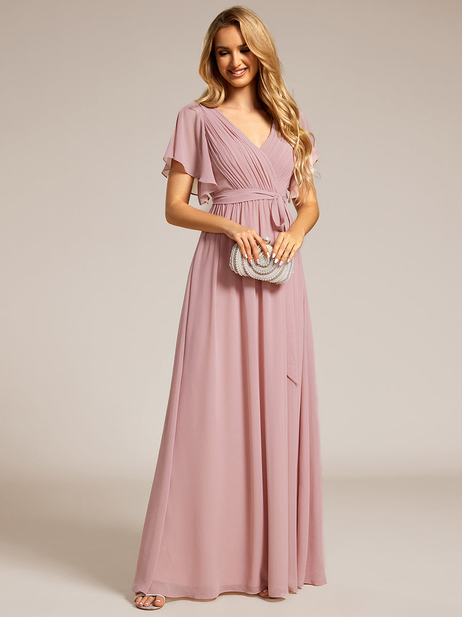 V-Ausschnitt kurze Ärmel Bodenlaenge A-Linie Chiffon Abendkleider #Farbe_Altrosa