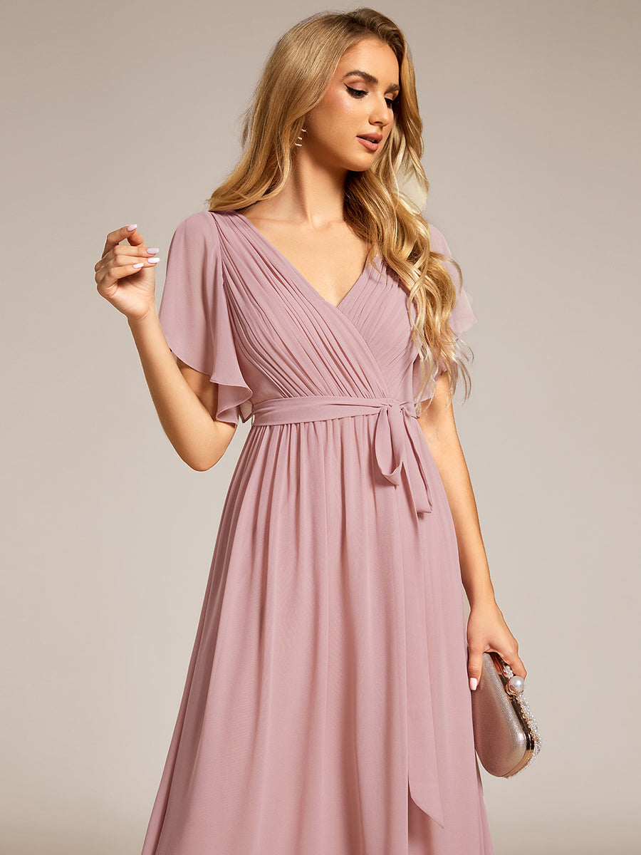 V-Ausschnitt kurze Ärmel Bodenlaenge A-Linie Chiffon Abendkleider #Farbe_Altrosa