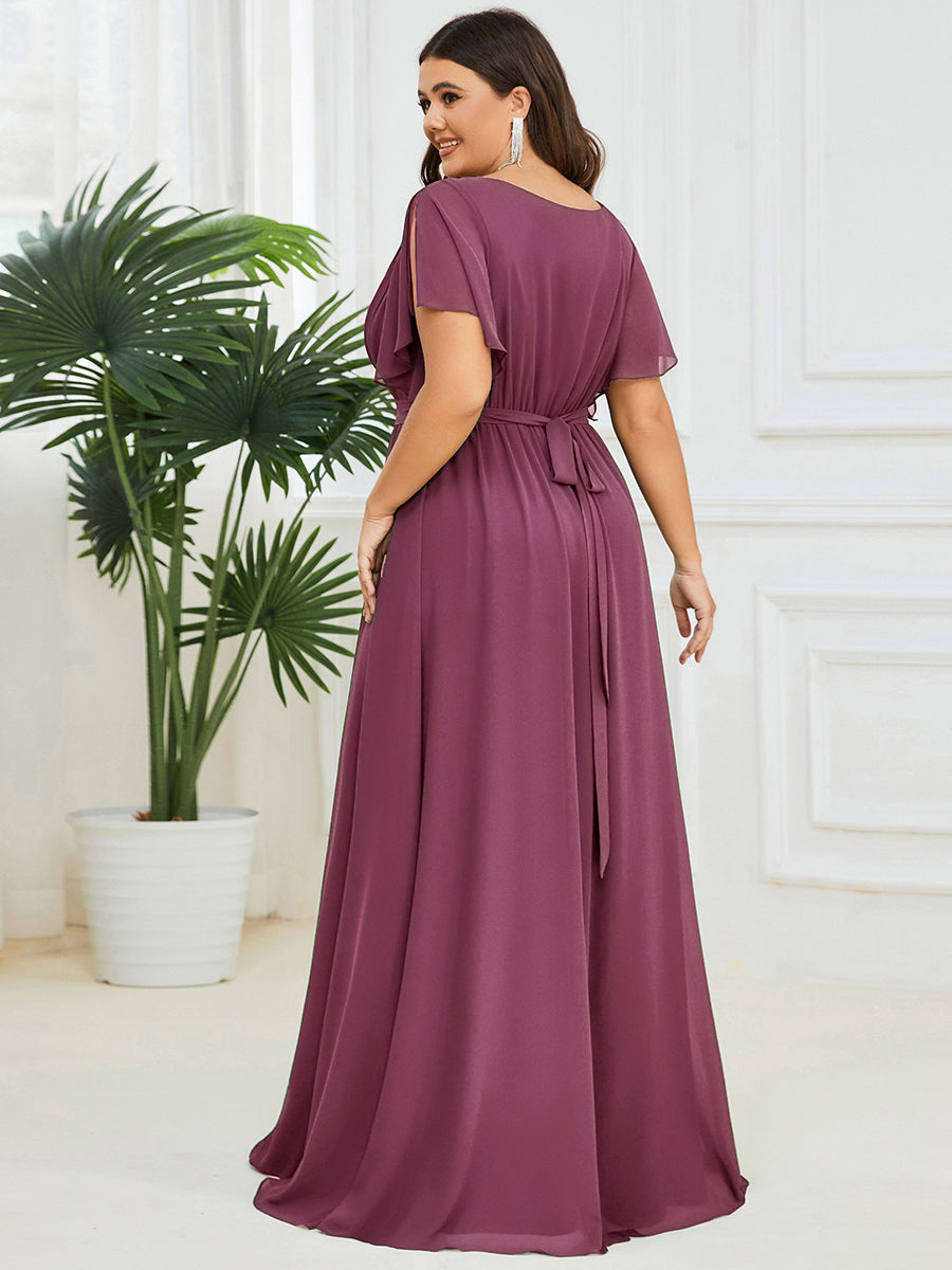 V-Ausschnitt kurze Ärmel Bodenlaenge A-Linie Chiffon Abendkleider #Farbe_Pflaumenviolett