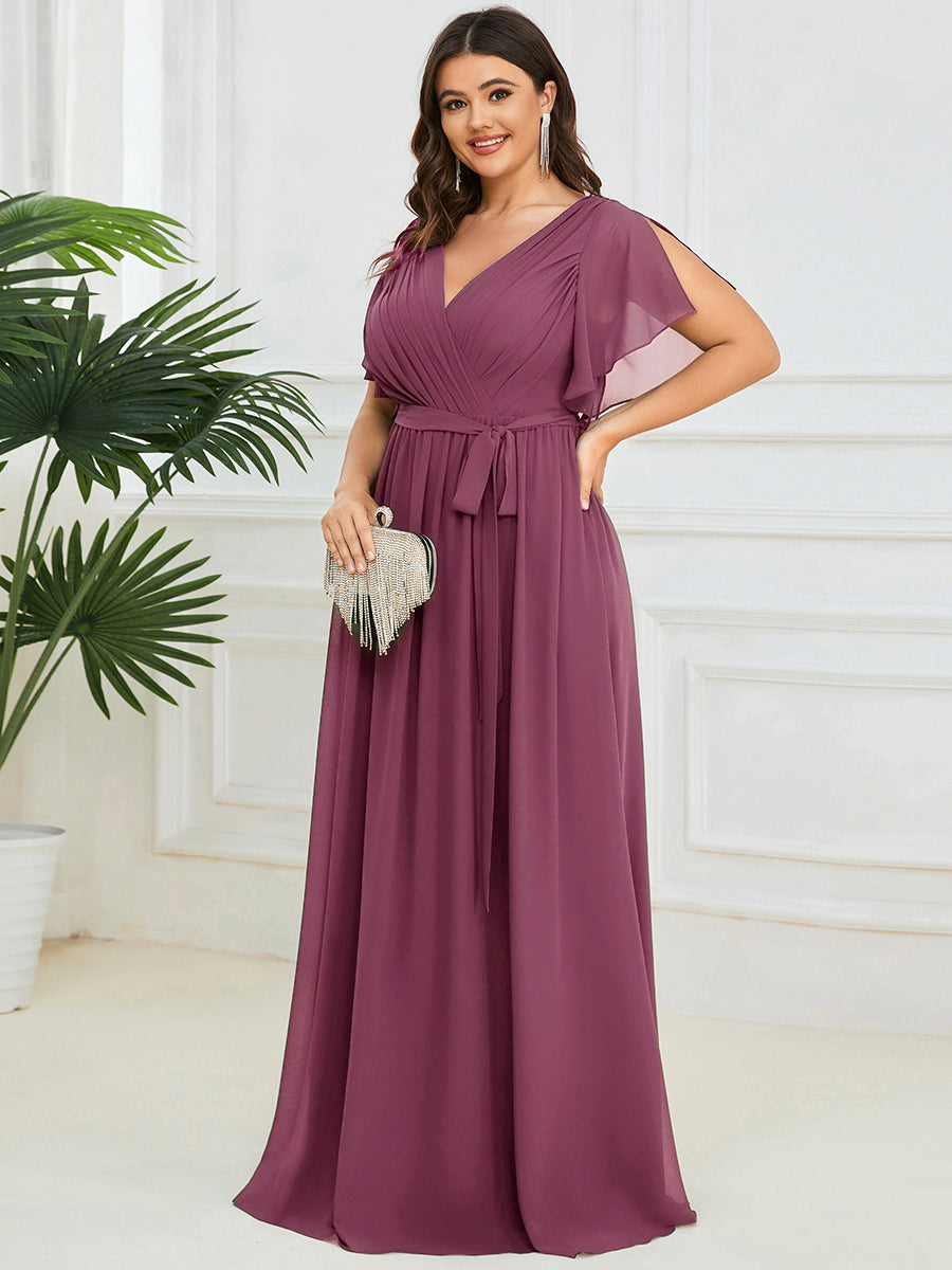 V-Ausschnitt kurze Ärmel Bodenlaenge A-Linie Chiffon Abendkleider #Farbe_Pflaumenviolett