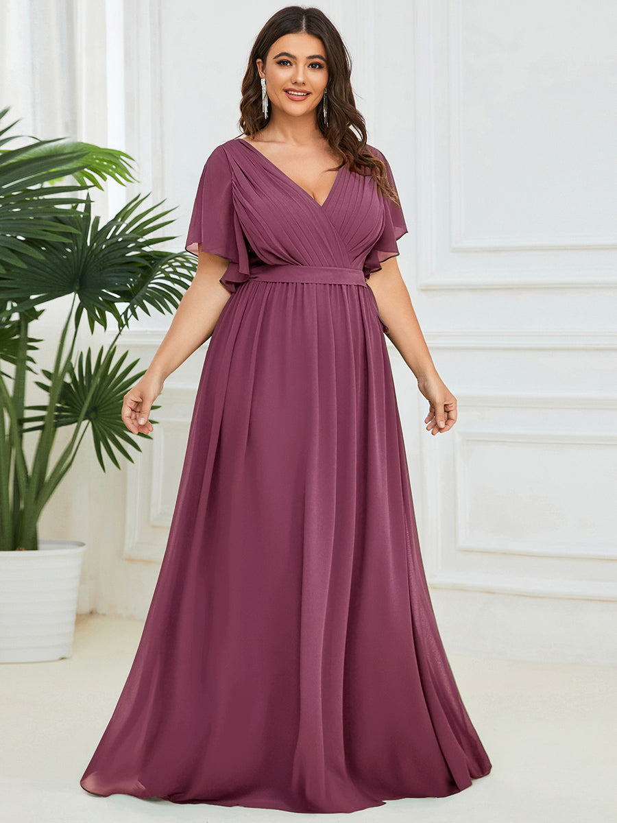 V-Ausschnitt kurze Ärmel Bodenlaenge A-Linie Chiffon Abendkleider #Farbe_Pflaumenviolett