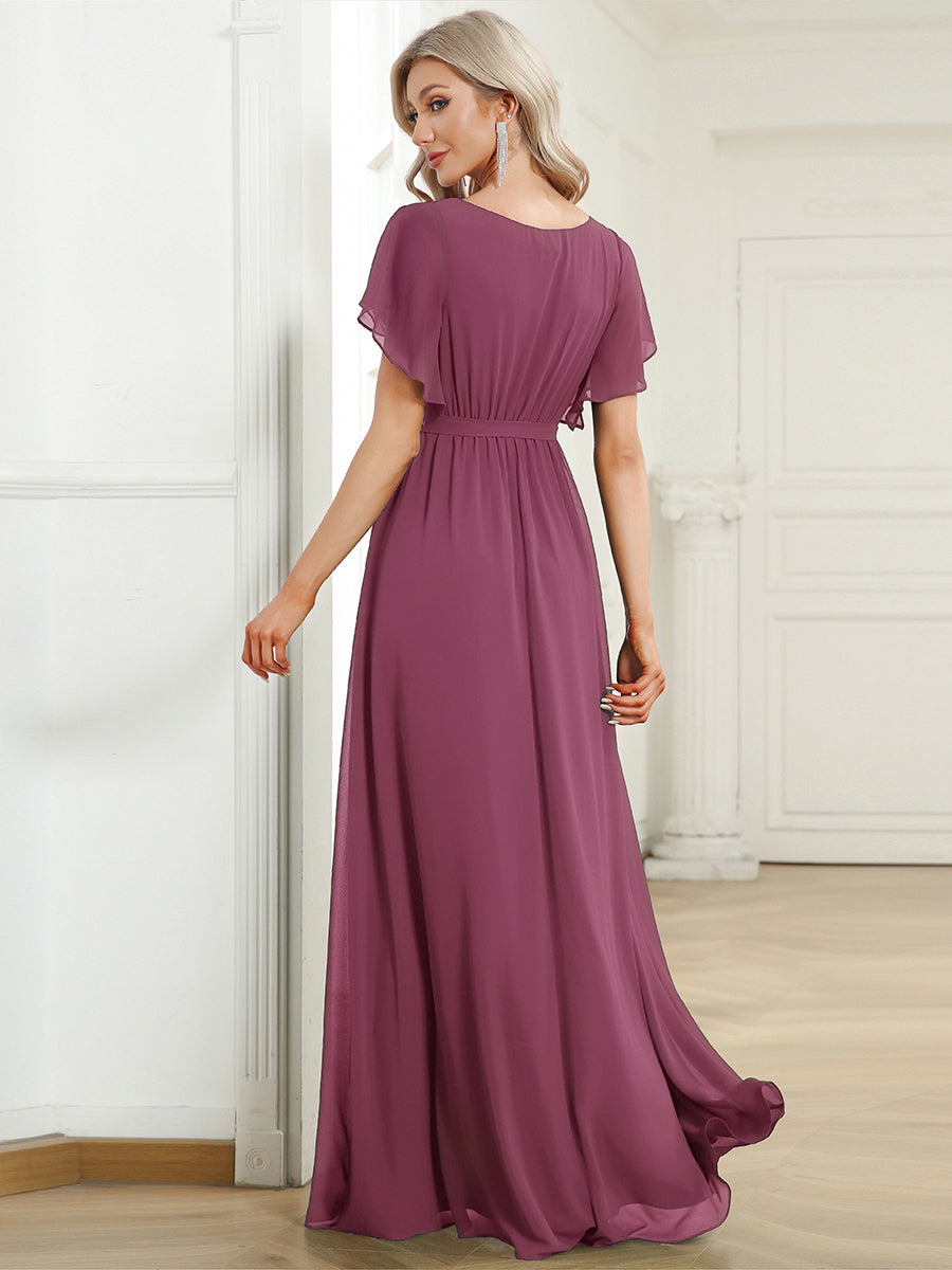 V-Ausschnitt kurze Ärmel Bodenlaenge A-Linie Chiffon Abendkleider #Farbe_Pflaumenviolett