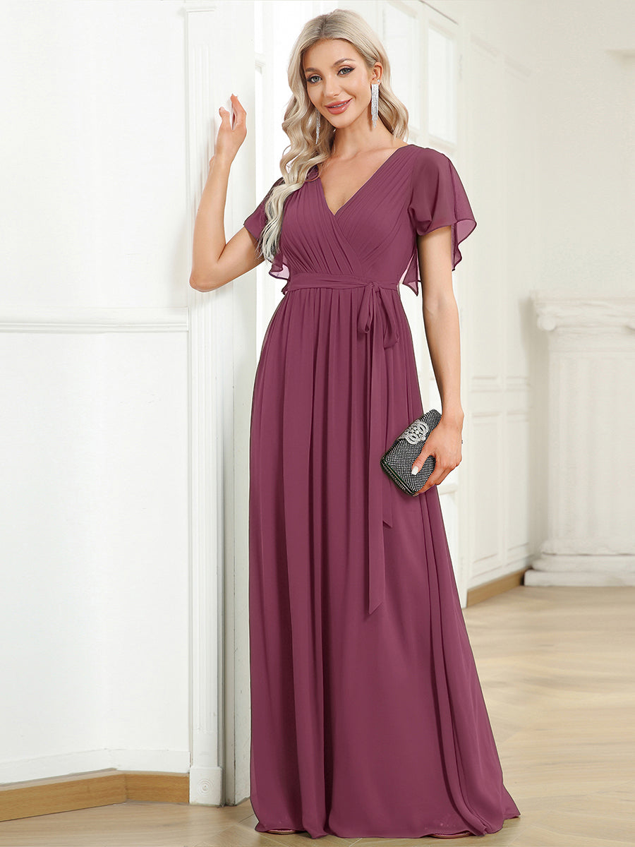 V-Ausschnitt kurze Ärmel Bodenlaenge A-Linie Chiffon Abendkleider #Farbe_Pflaumenviolett