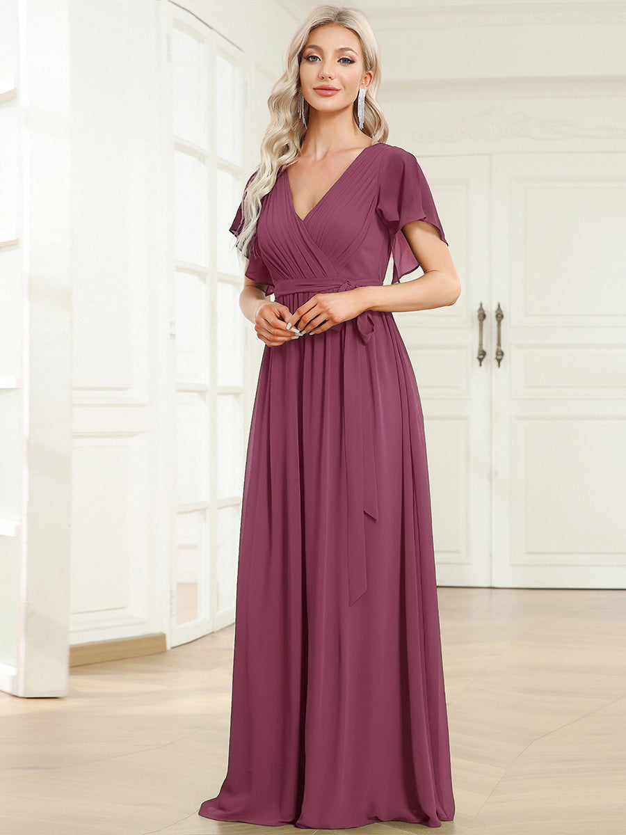 V-Ausschnitt kurze Ärmel Bodenlaenge A-Linie Chiffon Abendkleider #Farbe_Pflaumenviolett