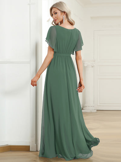 V-Ausschnitt kurze Ärmel Bodenlaenge A-Linie Chiffon Abendkleider #Farbe_Eukalyptus