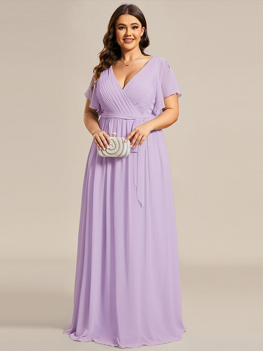 V-Ausschnitt kurze Ärmel Bodenlaenge A-Linie Chiffon Abendkleider #Farbe_Mattflieder
