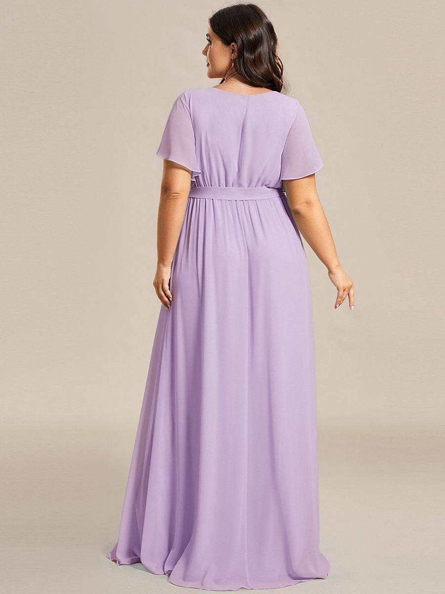 V-Ausschnitt kurze Ärmel Bodenlaenge A-Linie Chiffon Abendkleider #Farbe_Mattflieder