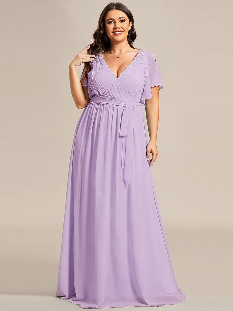 V-Ausschnitt kurze Ärmel Bodenlaenge A-Linie Chiffon Abendkleider #Farbe_Mattflieder