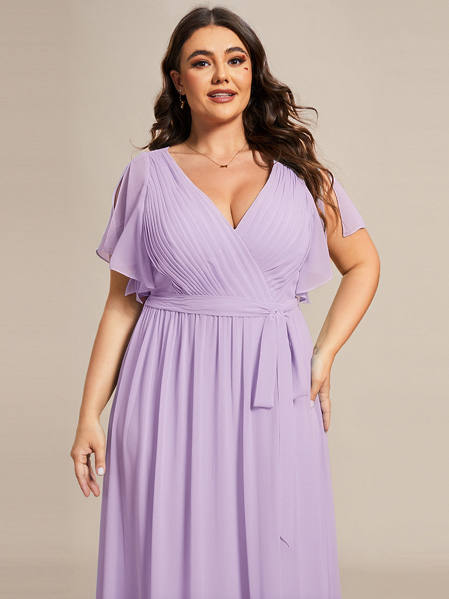 V-Ausschnitt kurze Ärmel Bodenlaenge A-Linie Chiffon Abendkleider #Farbe_Mattflieder