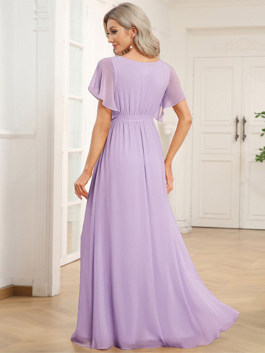 V-Ausschnitt kurze Ärmel Bodenlaenge A-Linie Chiffon Abendkleider #Farbe_Mattflieder
