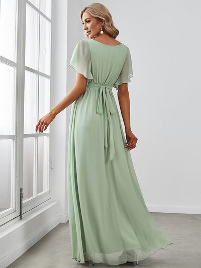 V-Ausschnitt kurze Ärmel Bodenlaenge A-Linie Chiffon Abendkleider #Farbe_Mintgrün