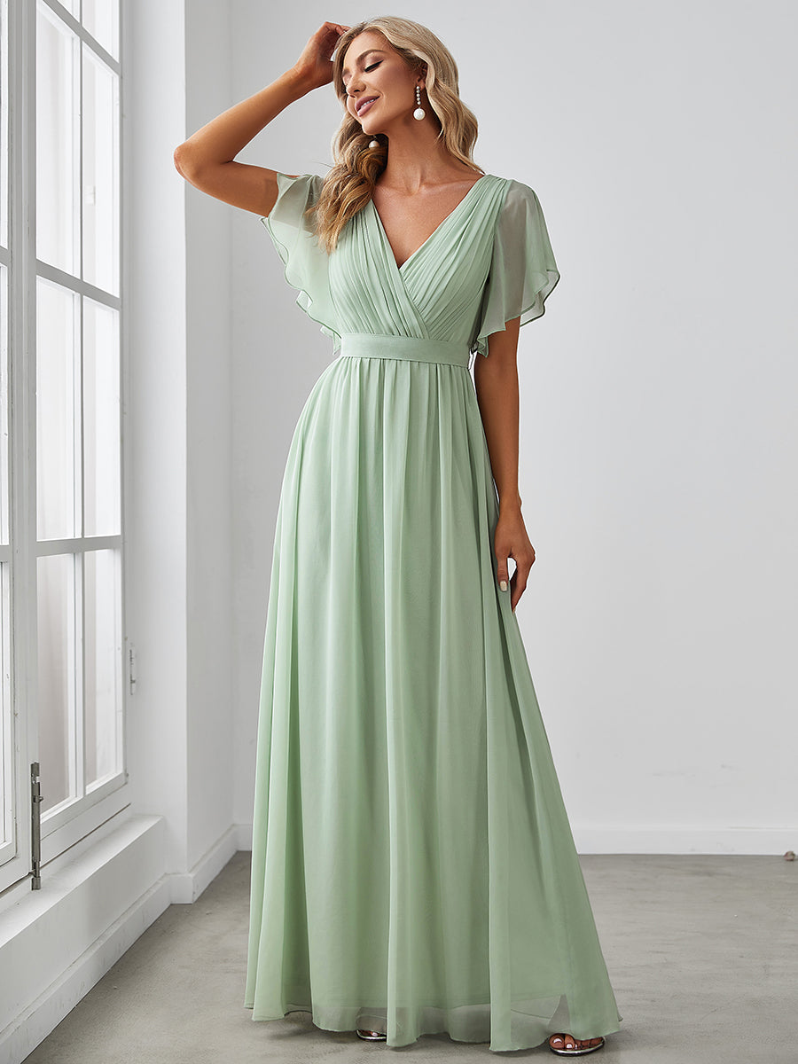 V-Ausschnitt kurze Ärmel Bodenlaenge A-Linie Chiffon Abendkleider #Farbe_Mintgrün