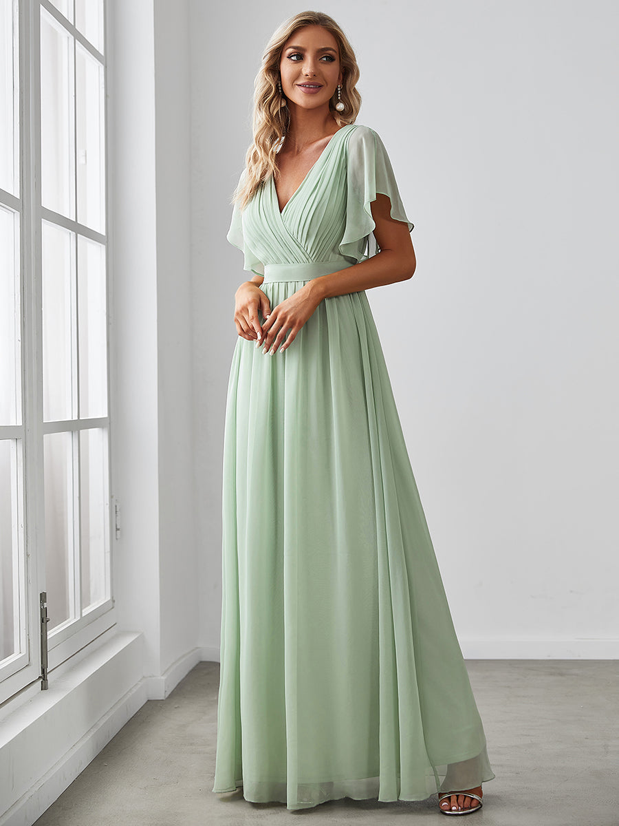 V-Ausschnitt kurze Ärmel Bodenlaenge A-Linie Chiffon Abendkleider #Farbe_Mintgrün
