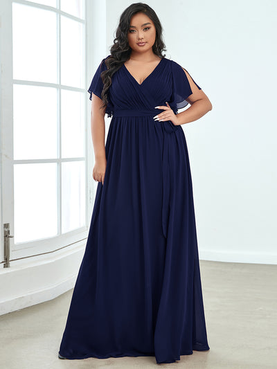 V-Ausschnitt kurze Ärmel Bodenlaenge A-Linie Chiffon Abendkleider #Farbe_Marineblau