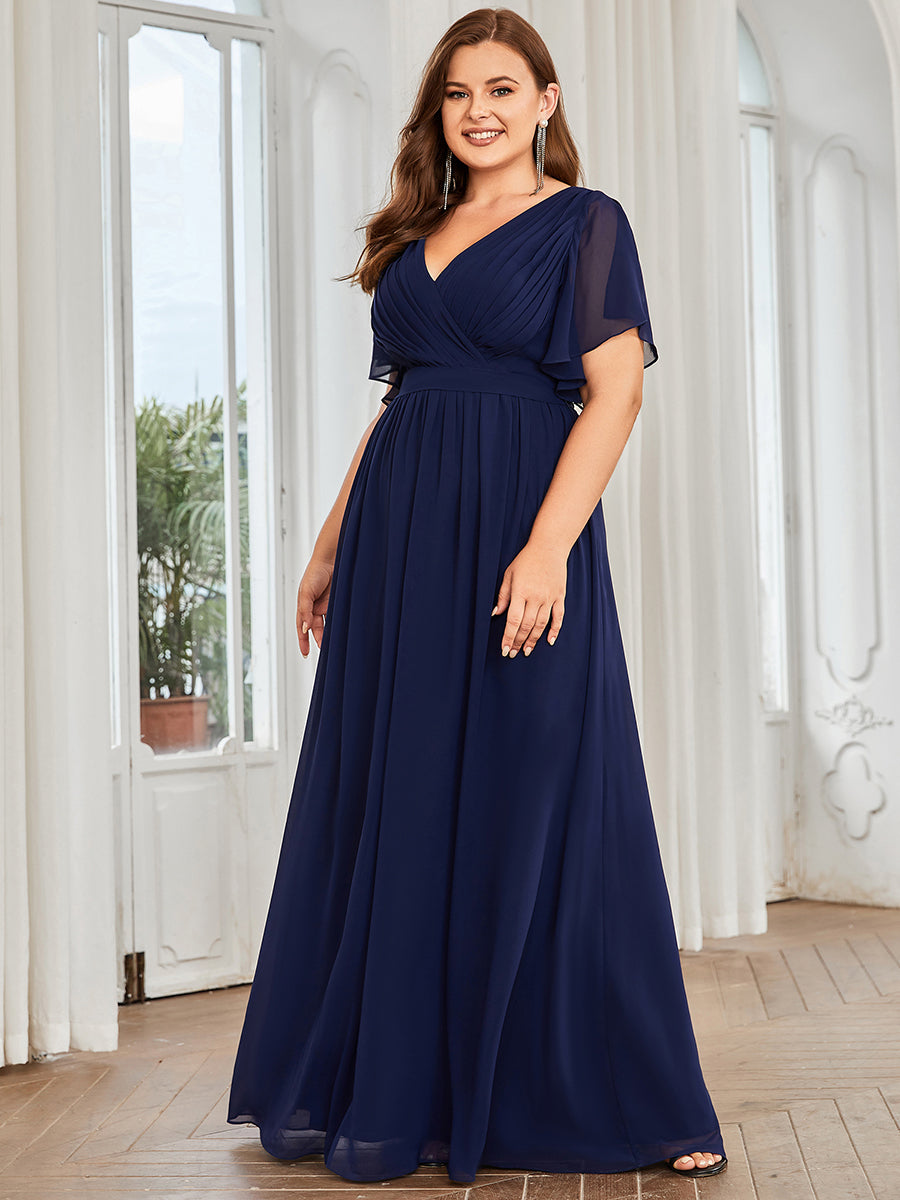 V-Ausschnitt kurze Ärmel Bodenlaenge A-Linie Chiffon Abendkleider #Farbe_Marineblau