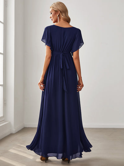 V-Ausschnitt kurze Ärmel Bodenlaenge A-Linie Chiffon Abendkleider #Farbe_Marineblau