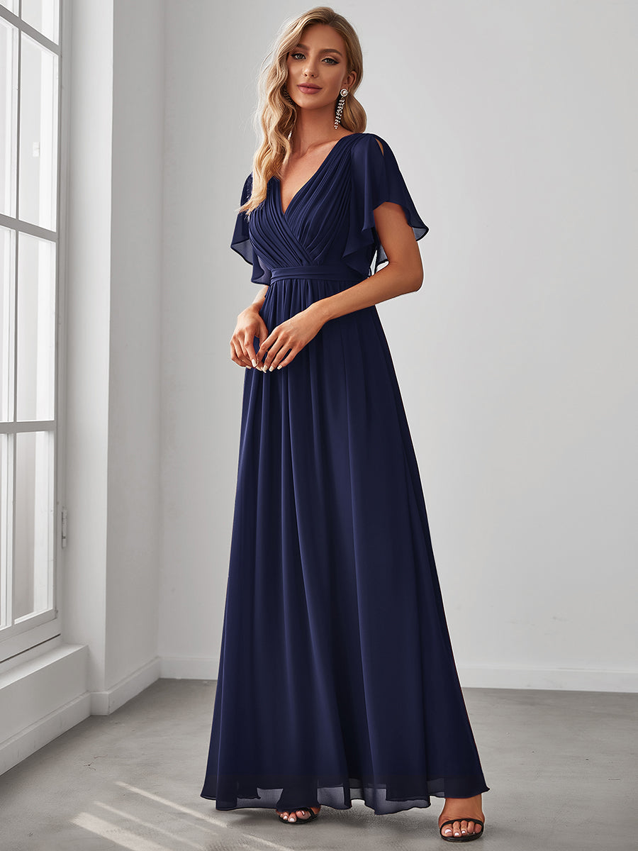 V-Ausschnitt kurze Ärmel Bodenlaenge A-Linie Chiffon Abendkleider #Farbe_Marineblau