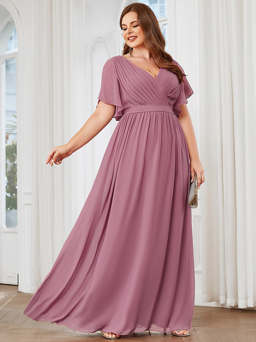 V-Ausschnitt kurze Ärmel Bodenlaenge A-Linie Chiffon Abendkleider #Farbe_Orchideenviolett