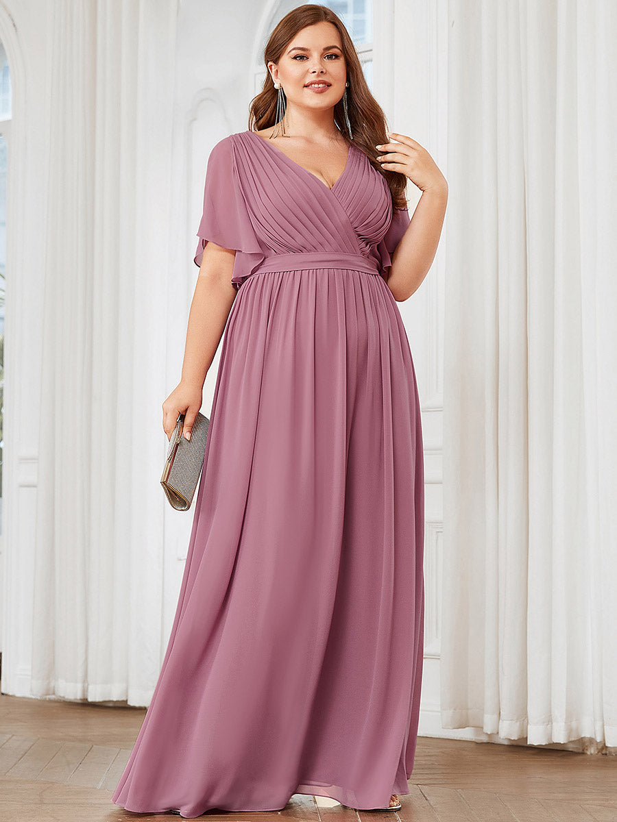 V-Ausschnitt kurze Ärmel Bodenlaenge A-Linie Chiffon Abendkleider #Farbe_Orchideenviolett