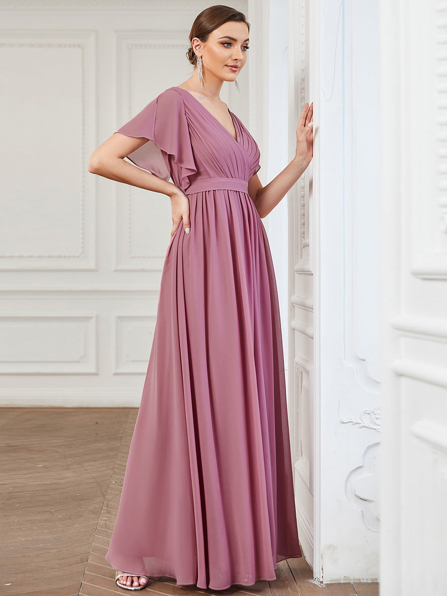 V-Ausschnitt kurze Ärmel Bodenlaenge A-Linie Chiffon Abendkleider #Farbe_Orchideenviolett