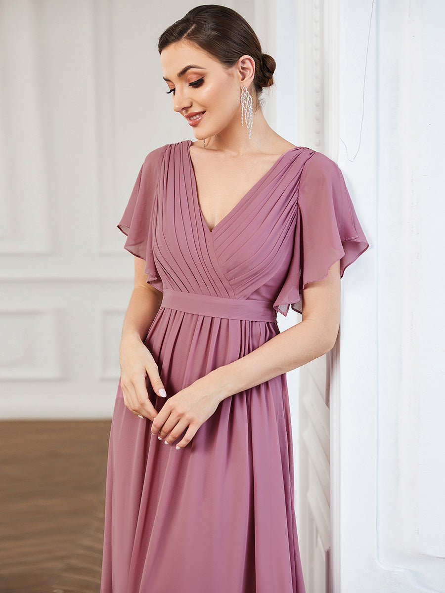 V-Ausschnitt kurze Ärmel Bodenlaenge A-Linie Chiffon Abendkleider #Farbe_Orchideenviolett