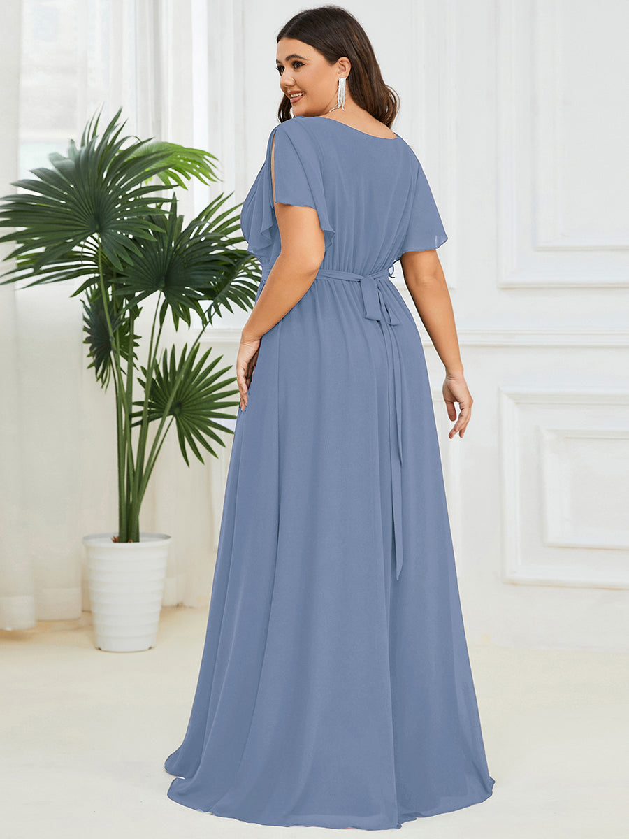 V-Ausschnitt kurze Ärmel Bodenlaenge A-Linie Chiffon Abendkleider #Farbe_Schieferblau