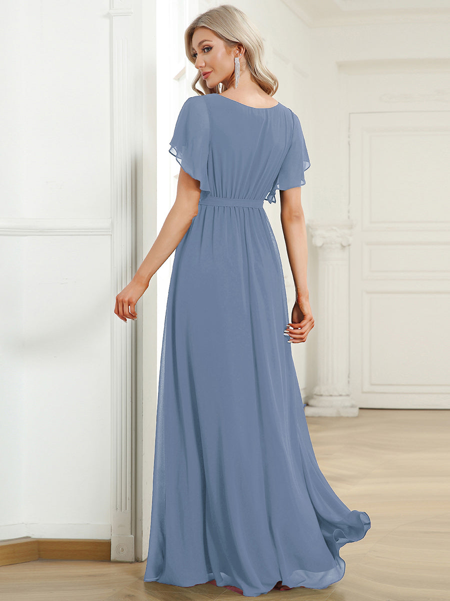 V-Ausschnitt kurze Ärmel Bodenlaenge A-Linie Chiffon Abendkleider #Farbe_Schieferblau