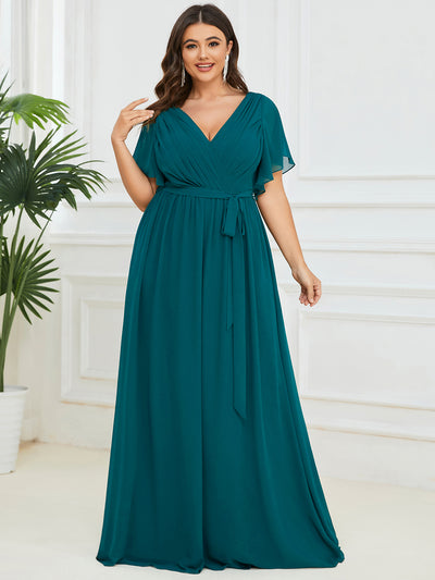 V-Ausschnitt kurze Ärmel Bodenlaenge A-Linie Chiffon Abendkleider #Farbe_Petrol