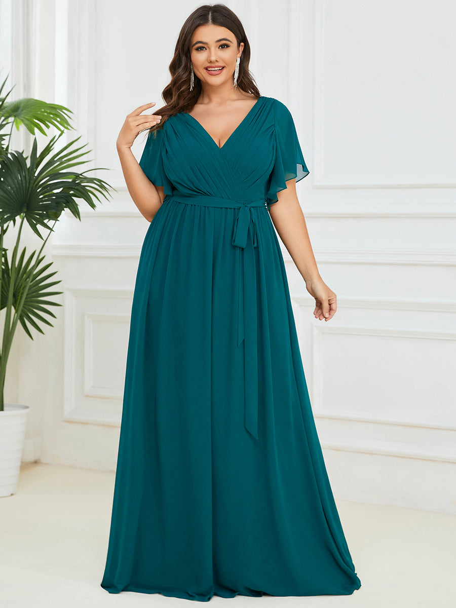V-Ausschnitt kurze Ärmel Bodenlaenge A-Linie Chiffon Abendkleider #Farbe_Petrol