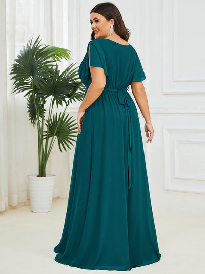 V-Ausschnitt kurze Ärmel Bodenlaenge A-Linie Chiffon Abendkleider #Farbe_Petrol