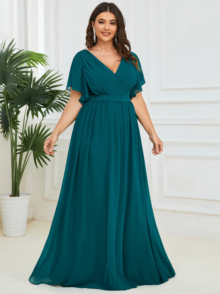 V-Ausschnitt kurze Ärmel Bodenlaenge A-Linie Chiffon Abendkleider #Farbe_Petrol