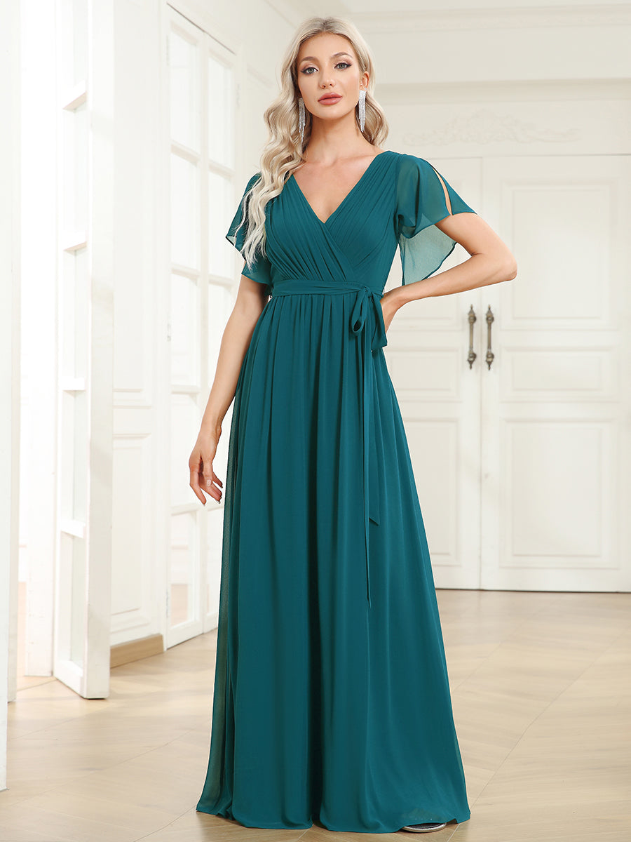 V-Ausschnitt kurze Ärmel Bodenlaenge A-Linie Chiffon Abendkleider #Farbe_Petrol