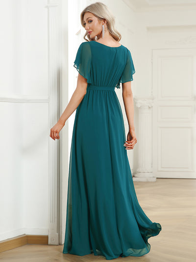 V-Ausschnitt kurze Ärmel Bodenlaenge A-Linie Chiffon Abendkleider #Farbe_Petrol