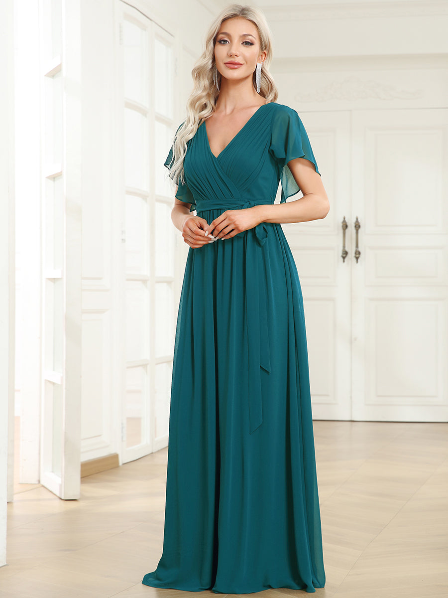 V-Ausschnitt kurze Ärmel Bodenlaenge A-Linie Chiffon Abendkleider #Farbe_Petrol