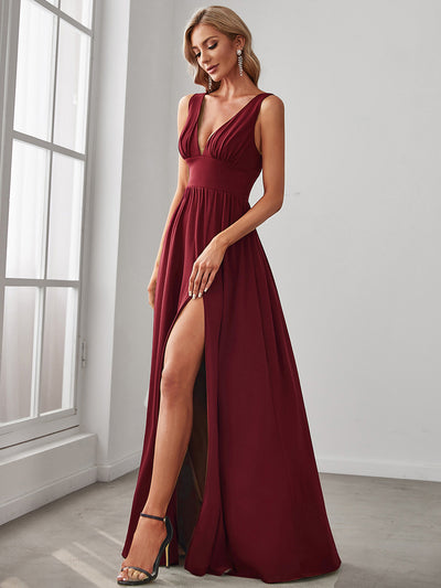 Doppelter V-Ausschnitt A-Linie Lang Ballkleid mit Schlitz Ballkleider #farbe_Burgunderrot