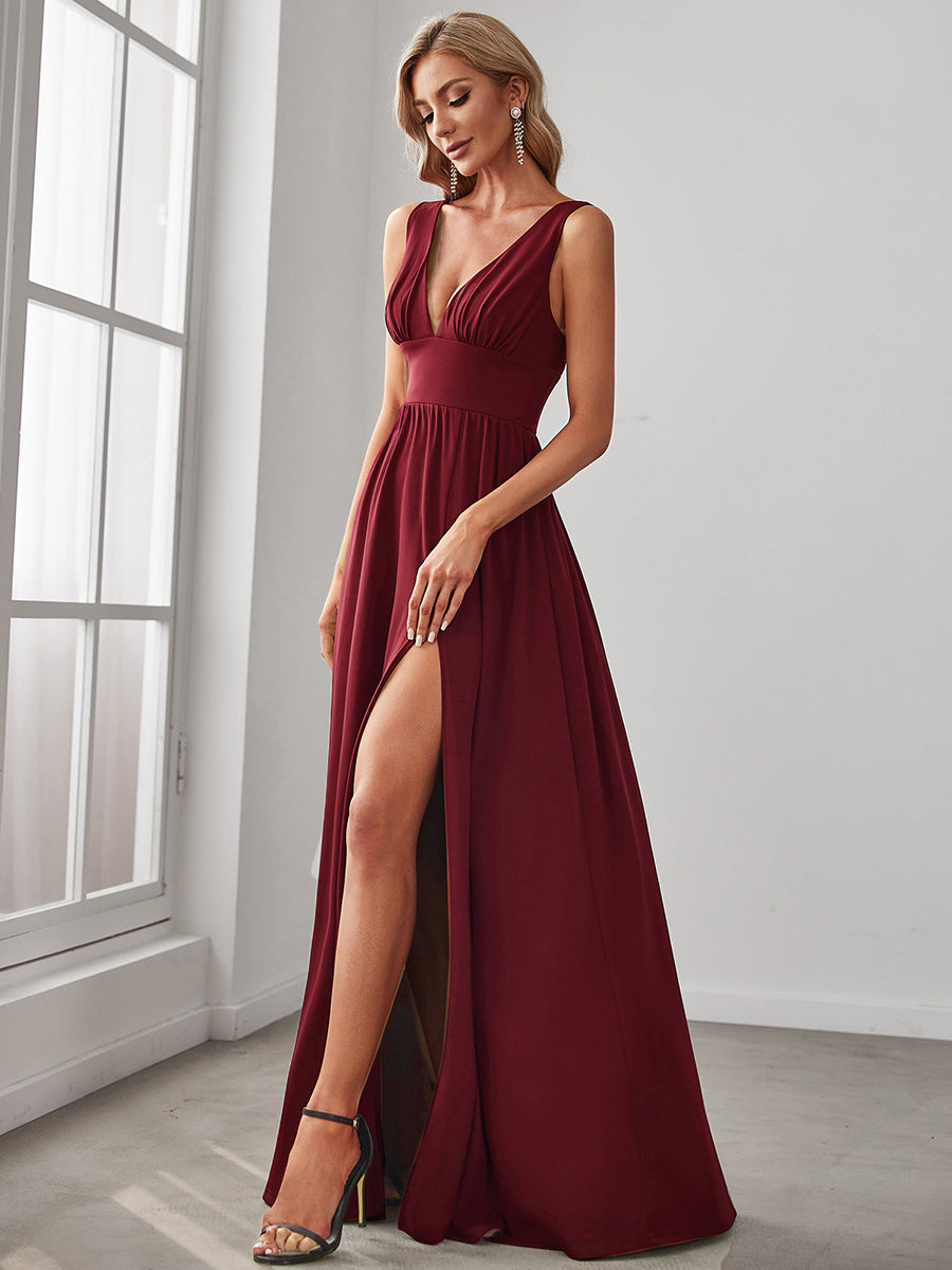 Doppelter V-Ausschnitt A-Linie Lang Ballkleid mit Schlitz Ballkleider #farbe_Burgunderrot