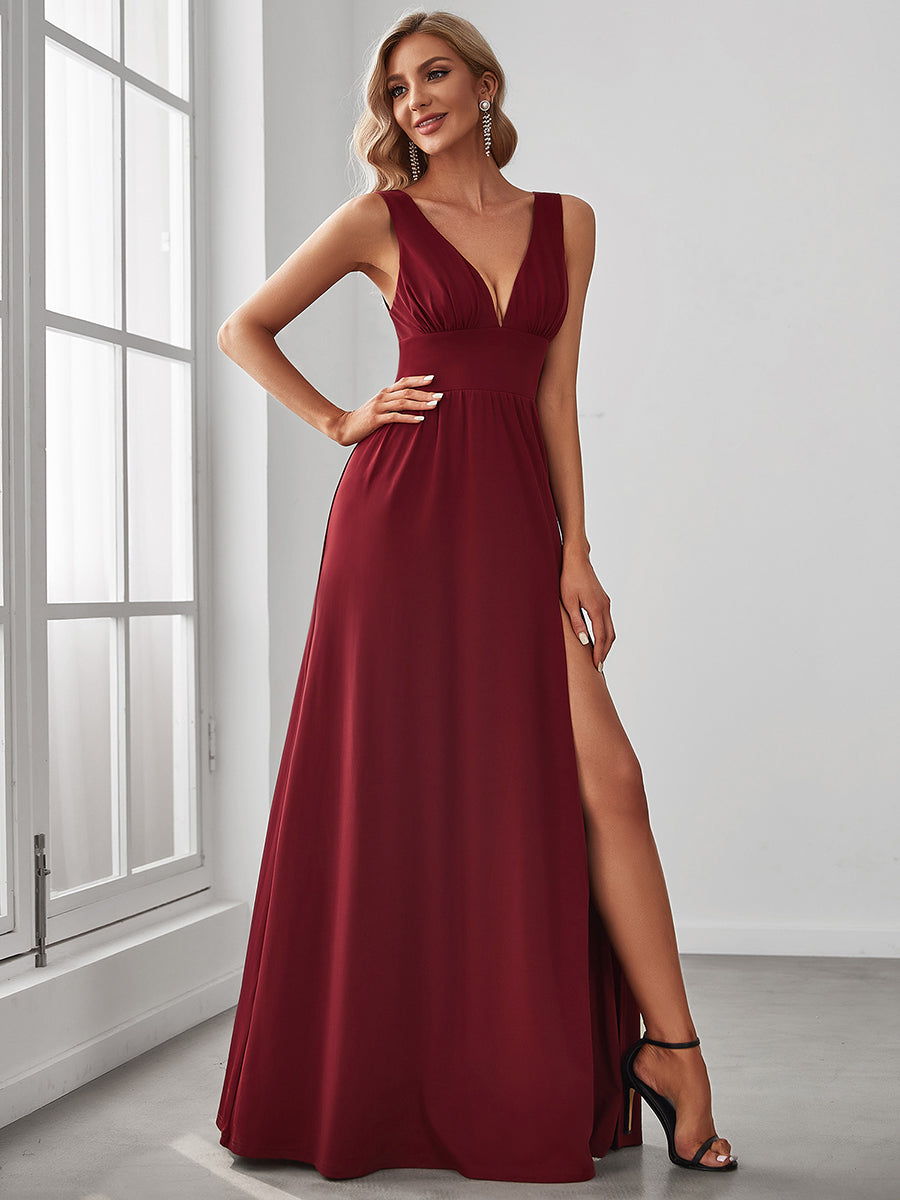 Doppelter V-Ausschnitt A-Linie Lang Ballkleid mit Schlitz Ballkleider #farbe_Burgunderrot