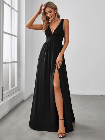 Doppelter V-Ausschnitt A-Linie Lang Ballkleid mit Schlitz Ballkleider #farbe_Schwarz